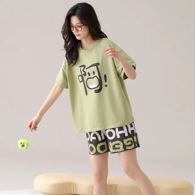 俏佳人 舒适透气纯棉套头休闲慵懒短袖家居服柔软亲肤睡衣套装 女款