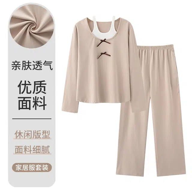 俏佳人 纯棉圆领套头假两件设计感上衣休闲长裤宽松舒适亲肤透气可外穿家居服睡衣套装 女款