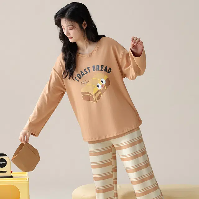 俏佳人 纯棉圆领套头条纹字母休闲宽松舒适亲肤透气长袖长裤可外穿家居服睡衣套装 女款