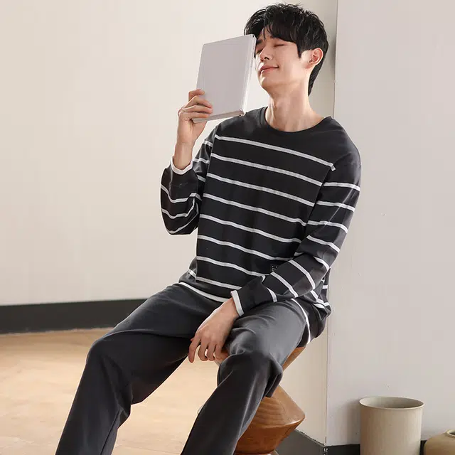 俏佳人 纯棉圆领套头条纹休闲宽松柔软舒适可外穿长袖长裤家居服睡衣套装 男款