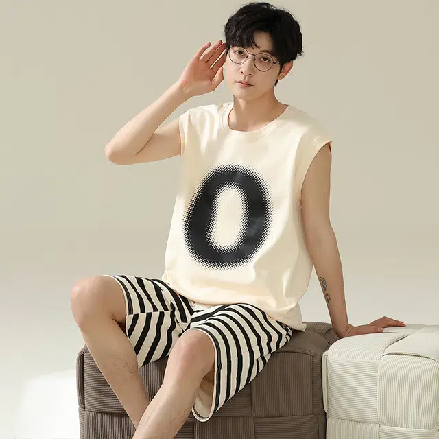 俏佳人 柔软休闲亲肤可外穿套头背心短裤慵懒宽松家居服睡衣套装 男款