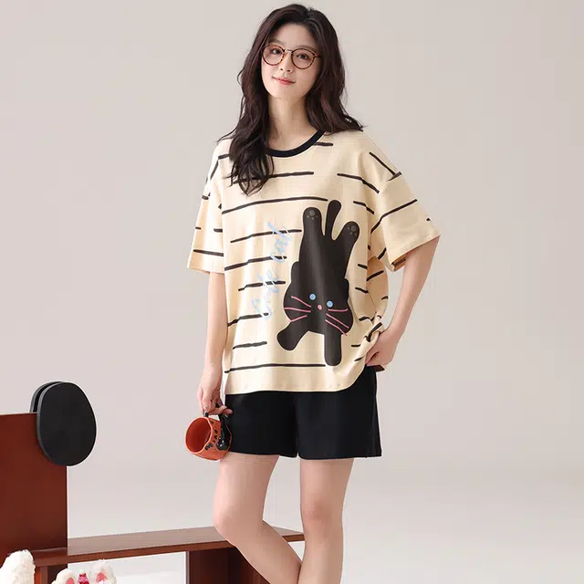 俏佳人 纯棉休闲慵懒套头舒适透气短袖家居服柔软亲肤睡衣套装 女款