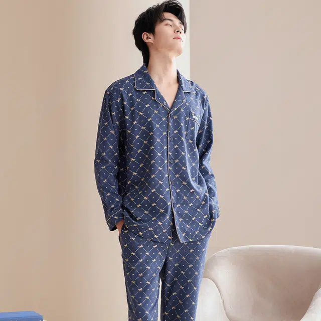 俏佳人 翻领开衫简约时尚舒适透气长袖长裤家居服睡衣套装 男款 宝蓝色