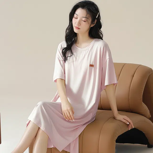俏佳人 带胸垫垂感柔软亲肤透气短袖纯色休闲家居服睡裙 女款