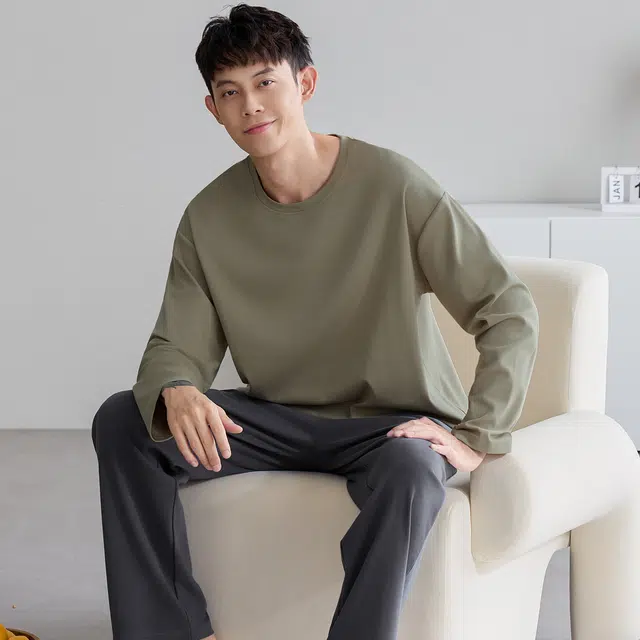 俏佳人 纯棉青少年圆领套头宽松休闲家居服简约可外穿亲肤舒适长袖长裤睡衣套装 男款