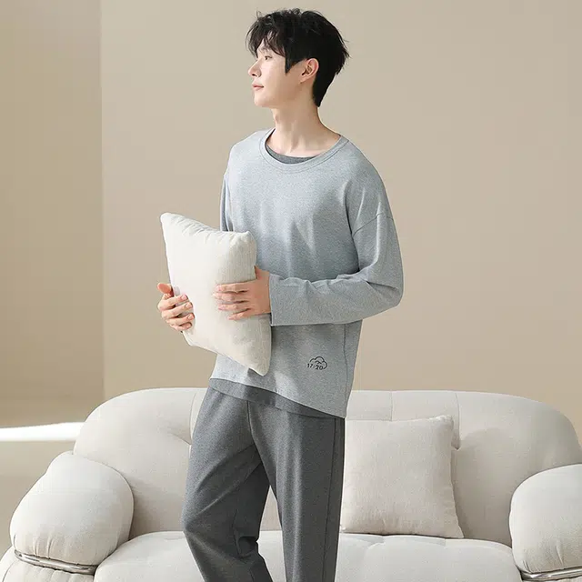 俏佳人 纯棉套头圆领休闲宽松可外穿家居服拼色柔软亲肤舒适透气长袖长裤睡衣套装 男款