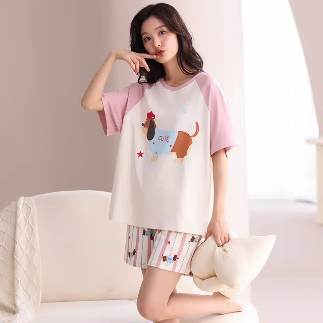 俏佳人 透气休闲纯棉套头舒适慵懒短袖家居服柔软亲肤睡衣套装 女款