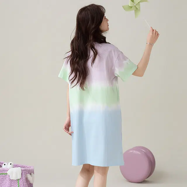 俏佳人 拼色渐变舒适休闲短袖睡裙 女款
