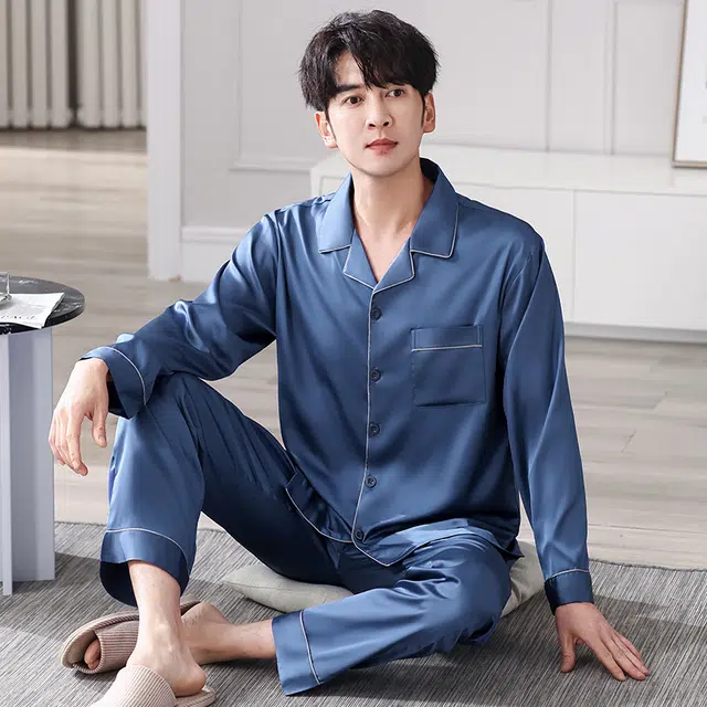 俏佳人 丝滑冰丝高级感开衫翻领简约休闲纯色家居服亲肤透气舒适长袖长裤睡衣套装 男款