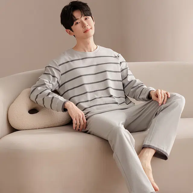 俏佳人 纯棉圆领套头纯色基础条纹休闲宽松柔软舒适可外穿家居服长袖长裤睡衣套装 男款