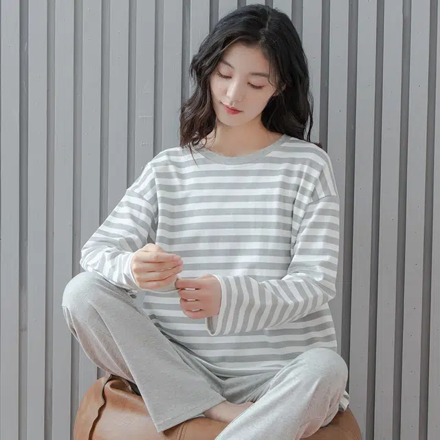 俏佳人 纯棉圆领套头条纹休闲宽松舒适亲肤透气长袖长裤可外穿家居服睡衣套装 女款