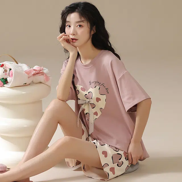 俏佳人 柔软亲肤休闲可外穿套头短袖短裤慵懒家居服睡衣套装 女款