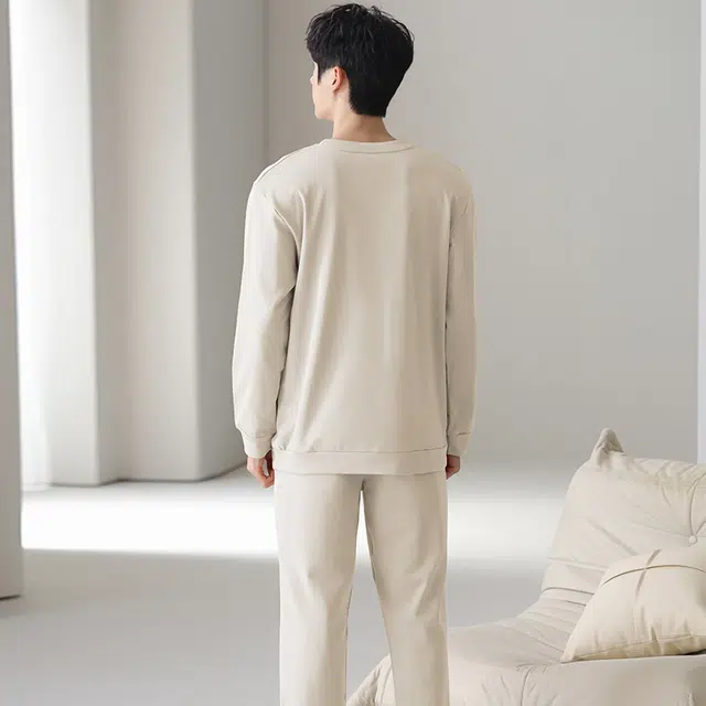 俏佳人 纯棉圆领套头简约休闲宽松柔软舒适可外穿长袖长裤家居服睡衣套装 男款