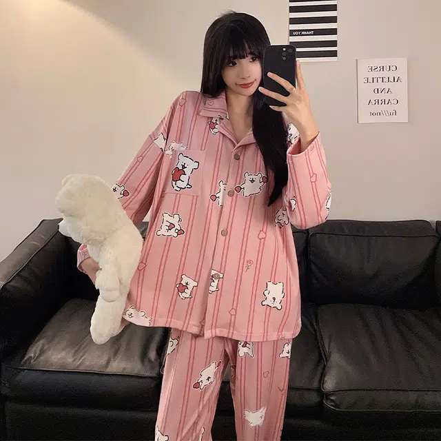 俏佳人 开衫翻领条可爱卡通爱心小狗休闲宽松家居服舒适透气长袖长裤睡衣套装 女款