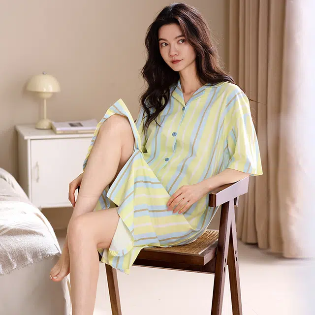 俏佳人 纯棉柔软亲肤透气基础家居服翻领休闲短袖慵懒睡裙 女款