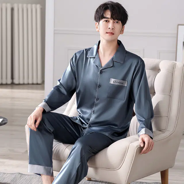 俏佳人 丝滑冰丝高级感翻领开衫纯色简约休闲亲肤透气舒适家居服长袖长裤睡衣套装 男款