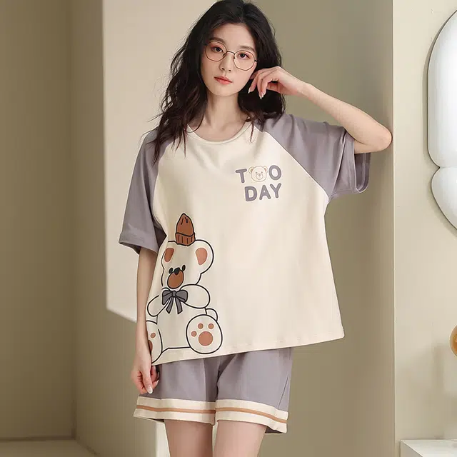 俏佳人 韩版柔软亲肤休闲短袖慵懒可外穿家居服睡衣套装 女款