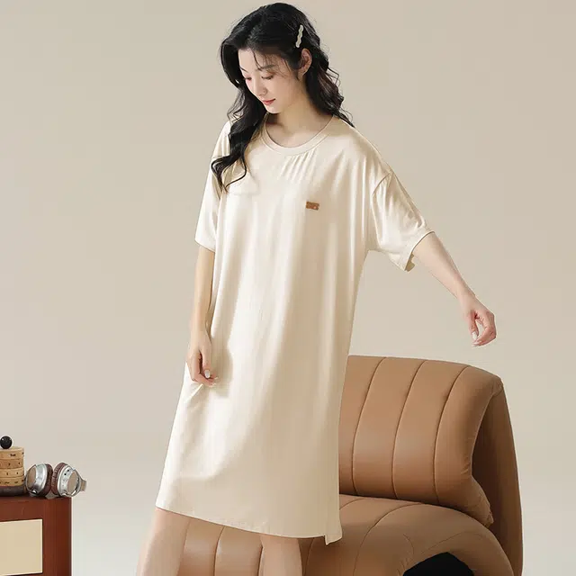 俏佳人 带胸垫垂感舒适柔软亲肤透气纯色休闲短袖慵懒家居服睡裙 女款