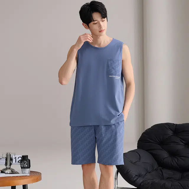 俏佳人 可外穿背心纯棉舒适透气简约套头休闲慵懒风家居服睡衣套装 男款