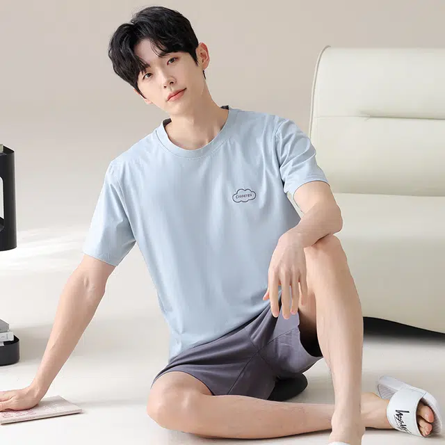 俏佳人 纯棉基础休闲舒适透气慵懒短袖家居服睡衣套装 男款