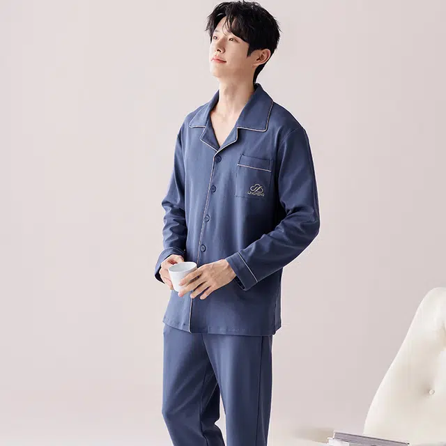 俏佳人 翻领开衫简约时尚纯色家居服舒适透气长袖长裤睡衣套装 男款 宝石蓝