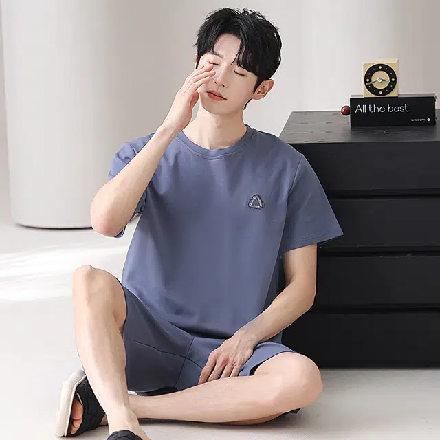 俏佳人 纯棉舒适透气慵懒短袖基础纯色休闲家居服睡衣套装 男款