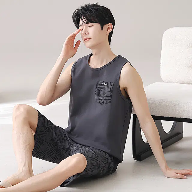 俏佳人 纯棉舒适透气慵懒无袖休闲背心家居服睡衣套装 男款