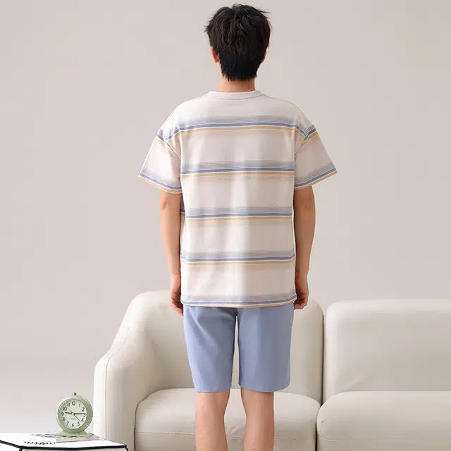 俏佳人 舒适透气条纹印花休闲慵懒短袖家居服柔软亲肤睡衣套装 男款