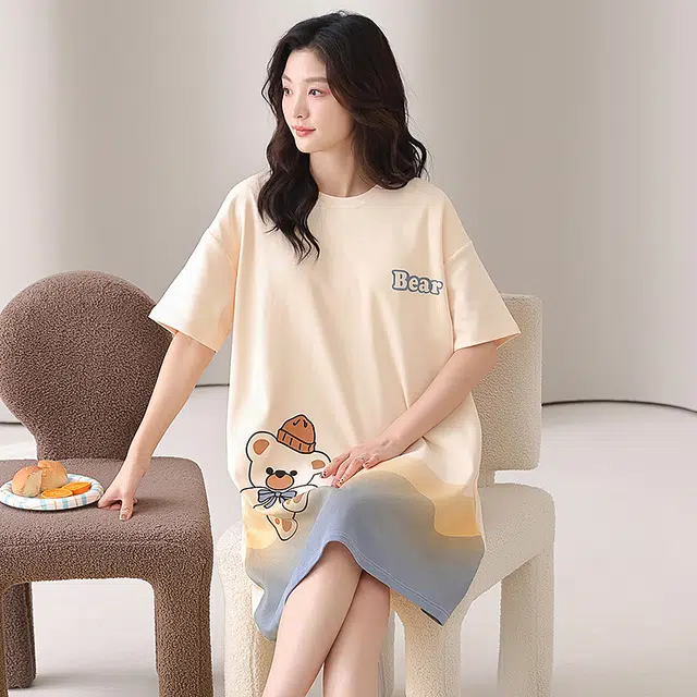 俏佳人 带胸垫纯棉休闲舒适卡通透气短袖家居服睡裙 女款