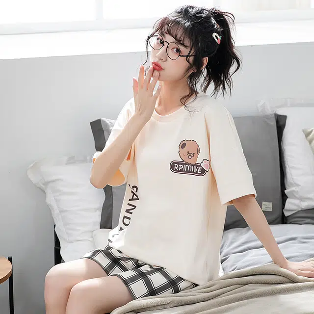 俏佳人 亲肤休闲柔软可外穿套头短袖短裤慵懒宽松家居服睡衣套装 女款