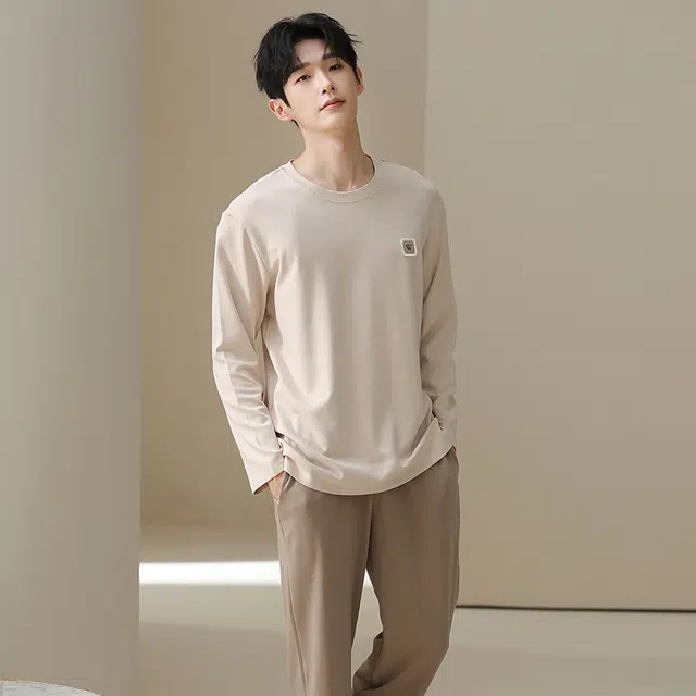 俏佳人 纯棉套头圆领休闲宽松可外穿家居服纯色柔软亲肤舒适透气长袖长裤睡衣套装 男款