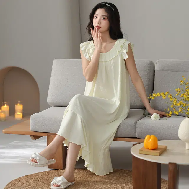 俏佳人 带胸垫纯色圆领透气亲肤休闲无袖家居服睡裙 女款