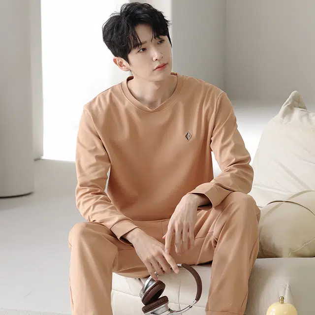 俏佳人 纯棉圆领套头休闲宽松柔软舒适可外穿长袖长裤家居服睡衣套装 男款