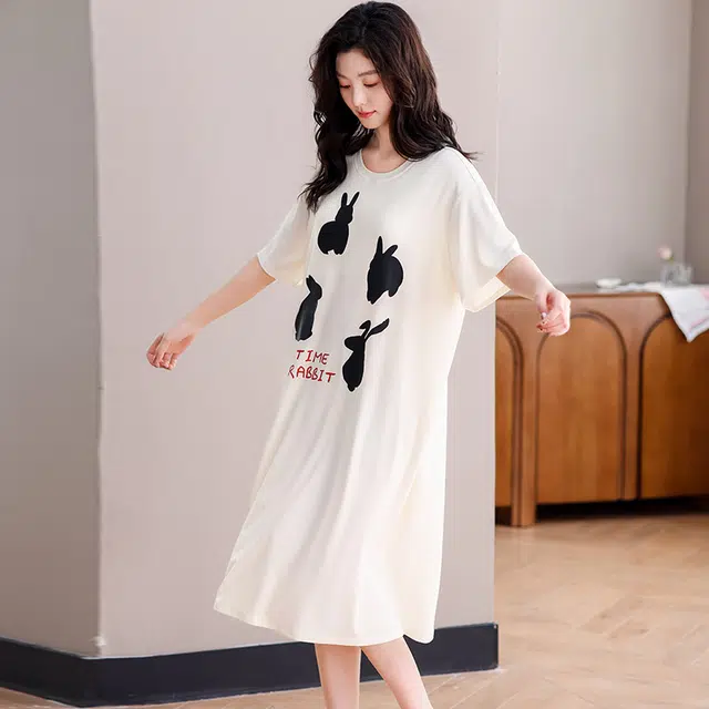 俏佳人 带胸垫垂感亲肤舒适休闲慵懒风可外穿透气短袖家居服睡裙 女款