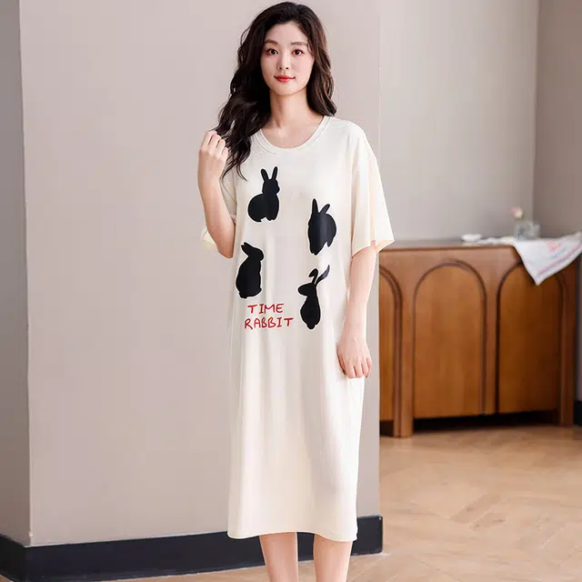 俏佳人 带胸垫垂感亲肤舒适休闲慵懒风可外穿透气短袖家居服睡裙 女款