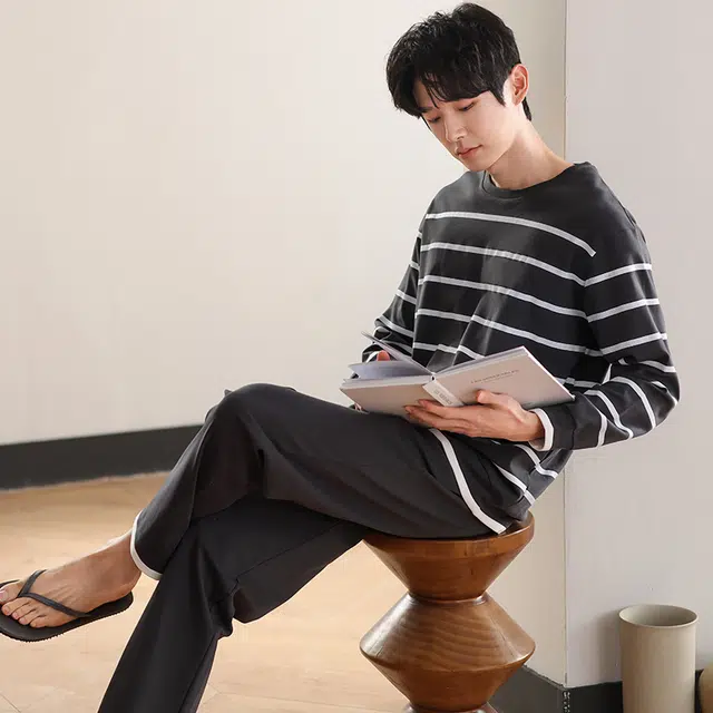 俏佳人 纯棉圆领套头条纹休闲宽松柔软舒适可外穿长袖长裤家居服睡衣套装 男款
