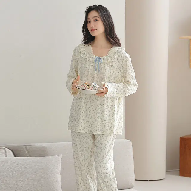 俏佳人 纯棉套头圆领公主风宽松休闲家居服碎花柔软亲肤舒适透气长袖长裤睡衣套装 女款