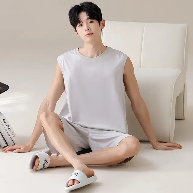 俏佳人 纯棉舒适透气简约套头慵懒风可外穿背心家居服休闲睡衣套装 男款