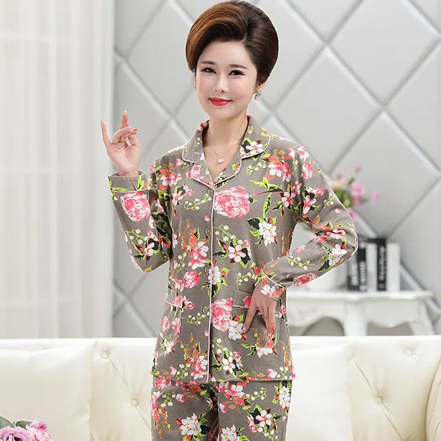 俏佳人 纯棉开衫翻领休闲舒适长袖长裤睡衣套装 女款 图片色