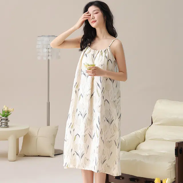 俏佳人 带胸垫透气舒适休闲慵懒吊带家居服柔软亲肤无袖睡裙 女款