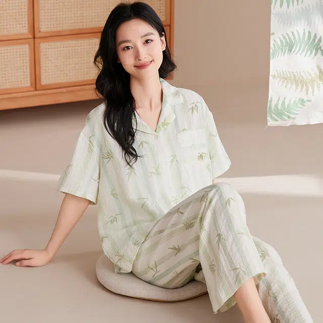 俏佳人 植物印花三件套舒适开衫透气亲肤短袖家居服睡衣套装 女款