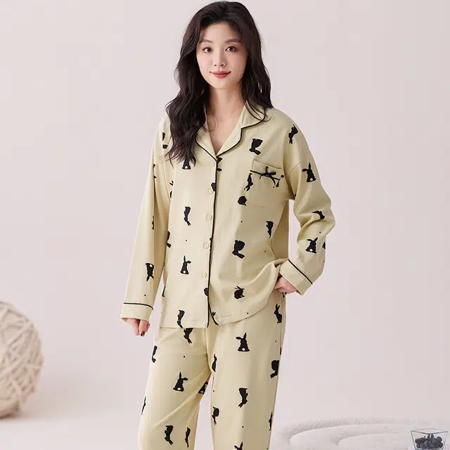 俏佳人 翻领开衫纯棉带胸垫休闲舒适透气长袖长裤睡衣套装 女款 米杏色