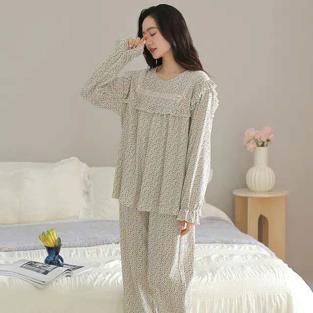 俏佳人 纯棉套头圆领公主风宽松休闲家居服柔软亲肤舒适透气长袖长裤睡衣套装 女款