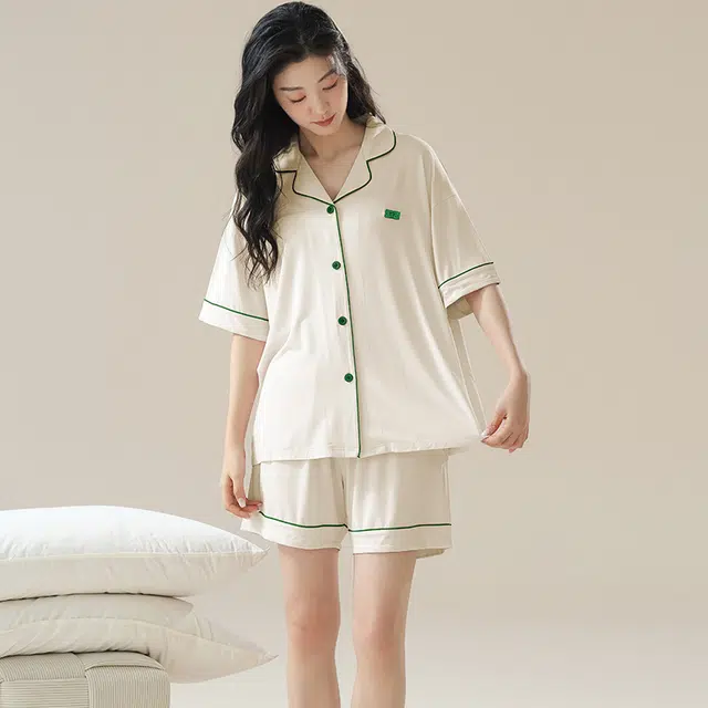 俏佳人 柔软亲肤基础休闲开衫慵懒宽松短袖短裤家居服纯色睡衣套装 女款