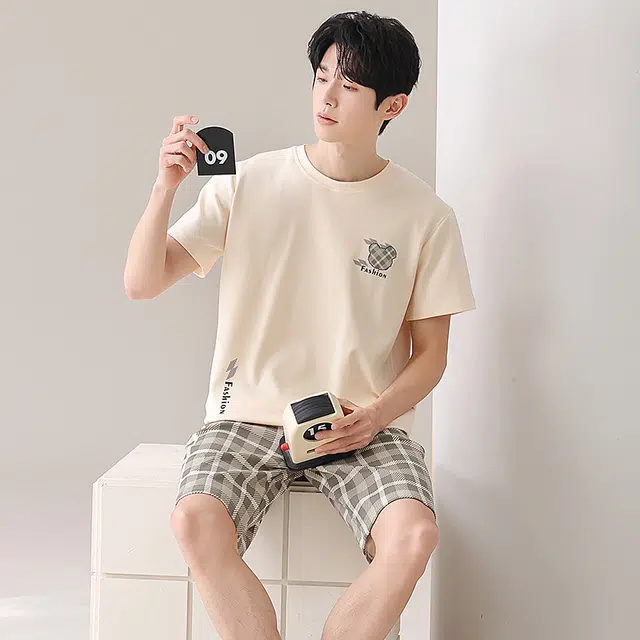 俏佳人 透气纯棉舒适休闲慵懒短袖家居服睡衣套装 男款