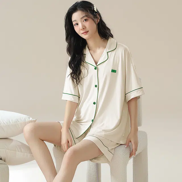 俏佳人 柔软亲肤基础休闲开衫慵懒宽松短袖短裤家居服纯色睡衣套装 女款