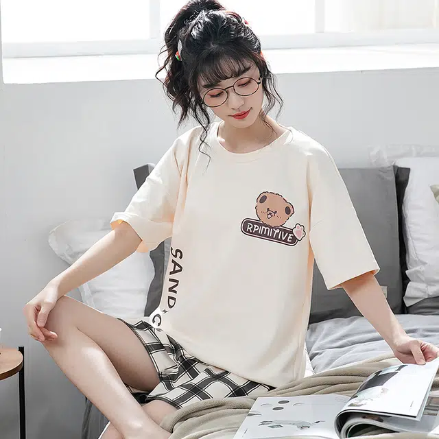 俏佳人 亲肤休闲柔软可外穿套头短袖短裤慵懒宽松家居服睡衣套装 女款