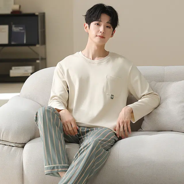 俏佳人 纯棉套头圆领休闲宽松可外穿纯色家居服条纹柔软亲肤舒适透气长袖长裤睡衣套装 男款
