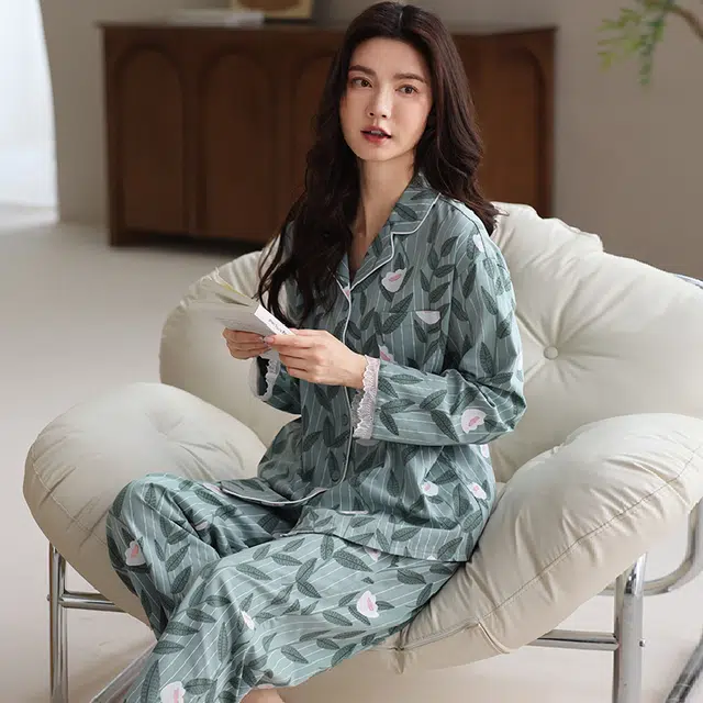 俏佳人 纯棉基础开衫翻领花卉图案休闲宽松透气亲肤可外穿长袖长裤家居服睡衣套装 女款