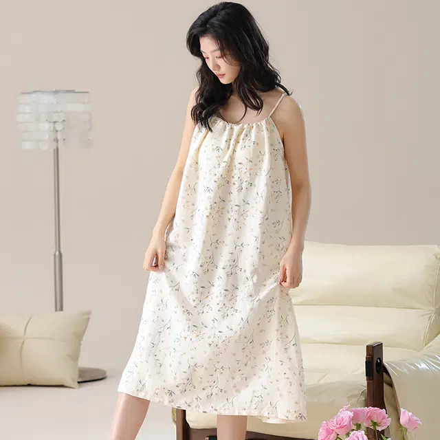 俏佳人 透气休闲舒适带胸垫慵懒吊带家居服柔软亲肤无袖睡裙 女款